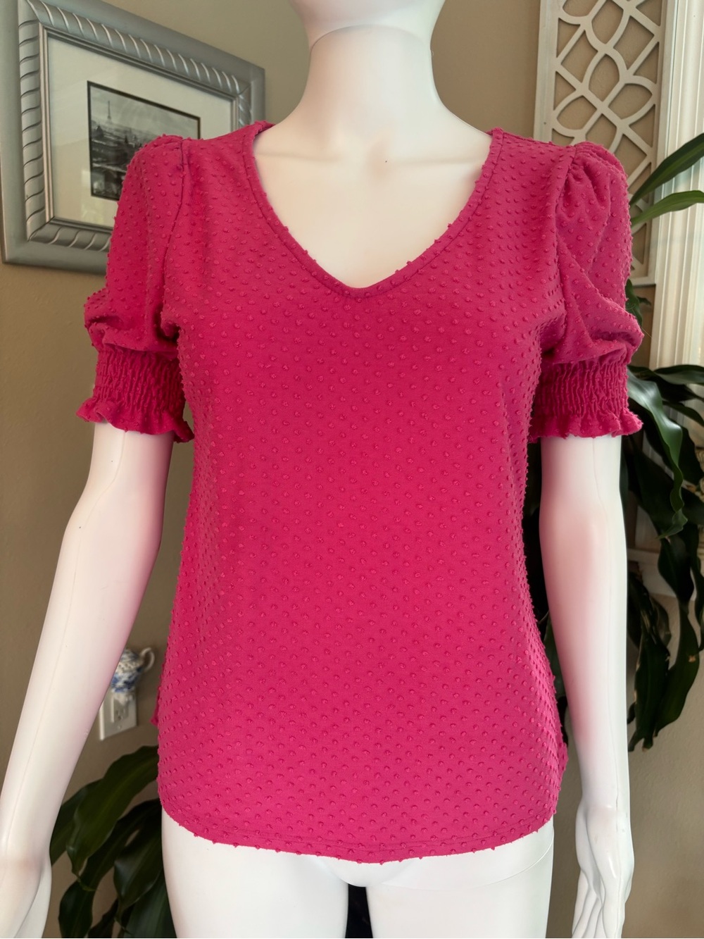 W5 Fuchsia Textured V-Neck Puff Sleeve Top